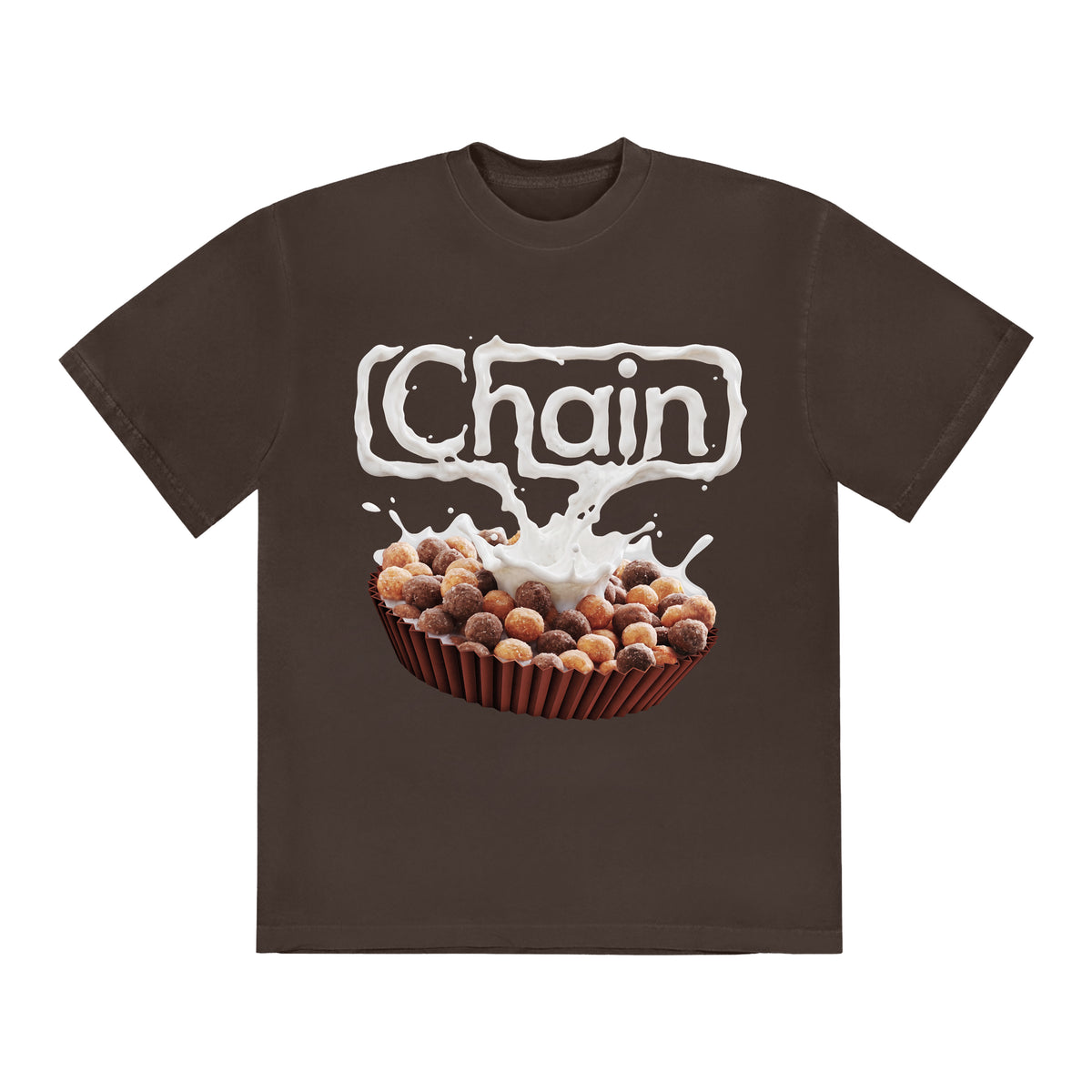 A dark brown short-sleeve t-shirt with a graphic print of a cereal bowl filled with chocolate-covered cereal pieces, milk splash, and the word 'Chain' in white stylized lettering.